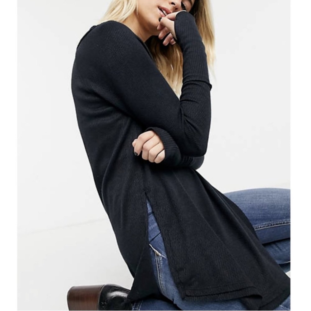 Free People We The Free Black Snowy Thermal Knit Long Sleeve  Top Size Small